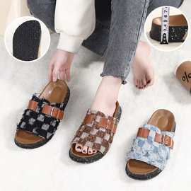 外贸厚底皮带扣千鸟格拖鞋女士外贸大码流苏牛仔布格子凉拖鞋批发