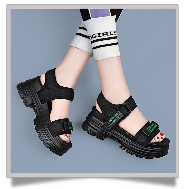 Giày sandal thể thao da thật đế dày nữ gót 4cm quai chữ V khóa dán — JST 1609 cao gót xanh đen 4cm, Đen trắng 2001 LJ, JST 1611 cao gót xanh đen 4cm, 2206 ML màu đen chi tiết 10