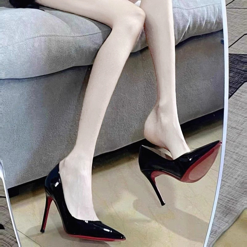 Red-Soled High-Heeled Shoes for Women, Professional Stiletto Heels, New Spring Black Patent Leather Side Hollow Pointed Toe Ladies, Heightening and Beautiful, Free Shipping