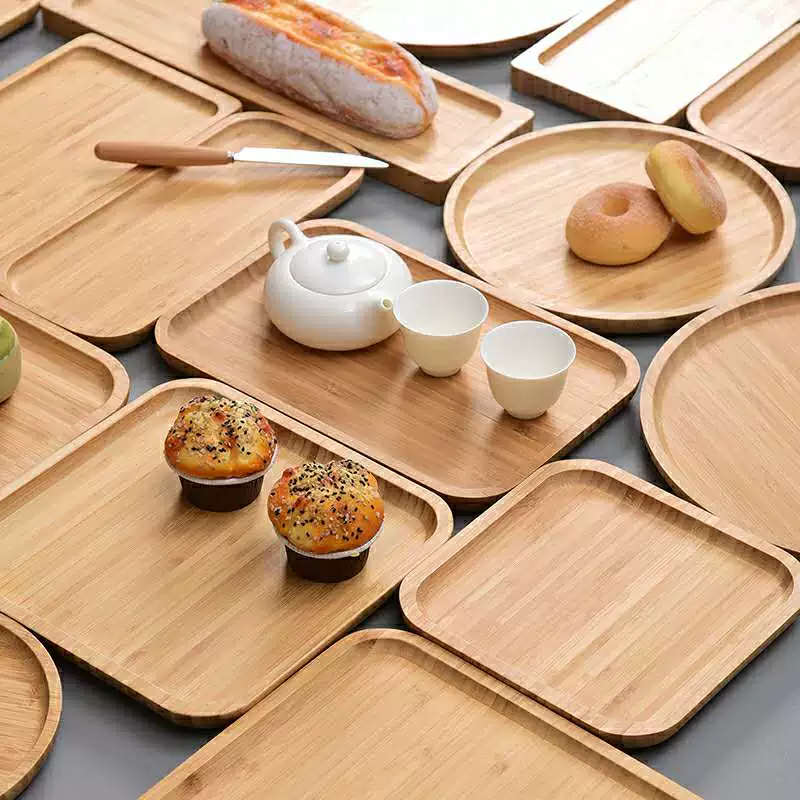 Bamboo tray creative pizza bamboo wood tea tray Japanese rectangular household cake bamboo tray water cup plate barbecue tray