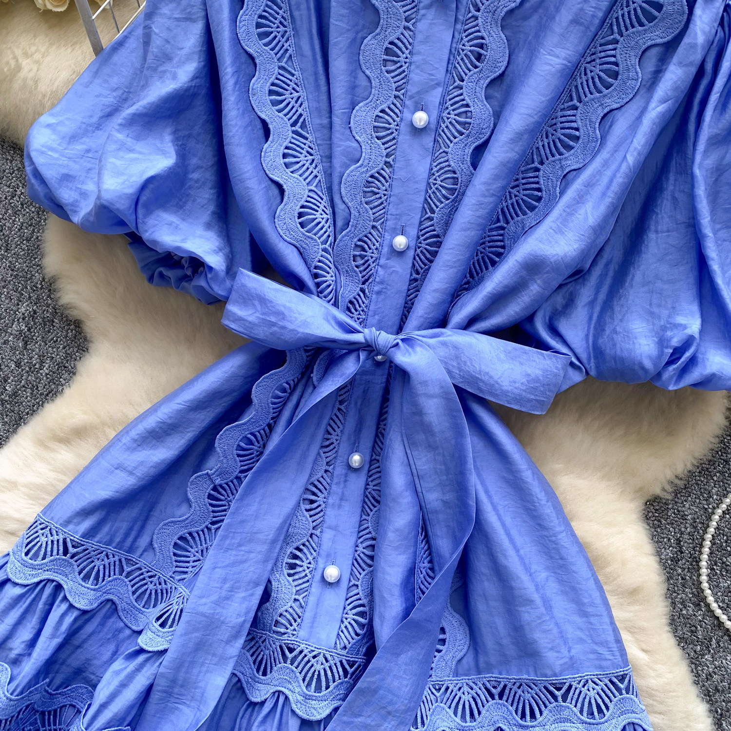 Women's Clothing Retro Palace Fashionable Lace Splicing Tie Waist Dress Lantern Sleeve Slim Temperament A Line Skirt_ecoleips.com