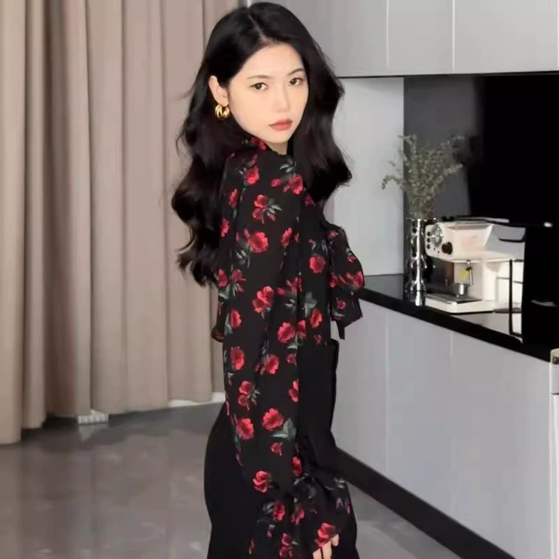 Ретро стример с v-образным розовым вырезом рубашка с принтом розы женская весна и осень дизайн богиня мода Fan дикий топ с длинными рукавами