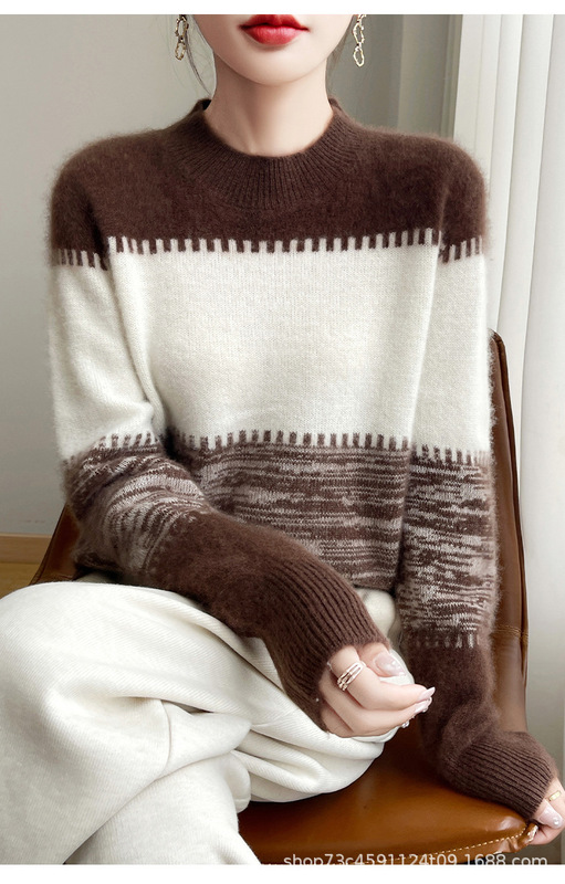 2024新型の色のストライプの長袖のニットのウールの女性のゆったりしているファッションの洋風のカジュアルな怠惰な風の頭の上着|undefined