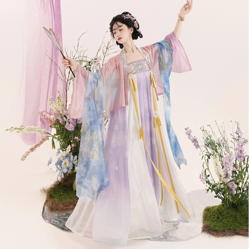 Original Tang-Style Hanfu for Women 【Hua Zhi Tu】 Daily Wear at Famen Temple, Eight-Piece Set with Chest-Length Top and Suspender Skirt, Spring/Summer Style Original Tang-Style Hanfu for Women 【Hua Zhi Tu】 Daily Wear at Famen Temple, Eight-Piece Set with Chest-Length Top and Suspender Skirt, Spring/Summer Style