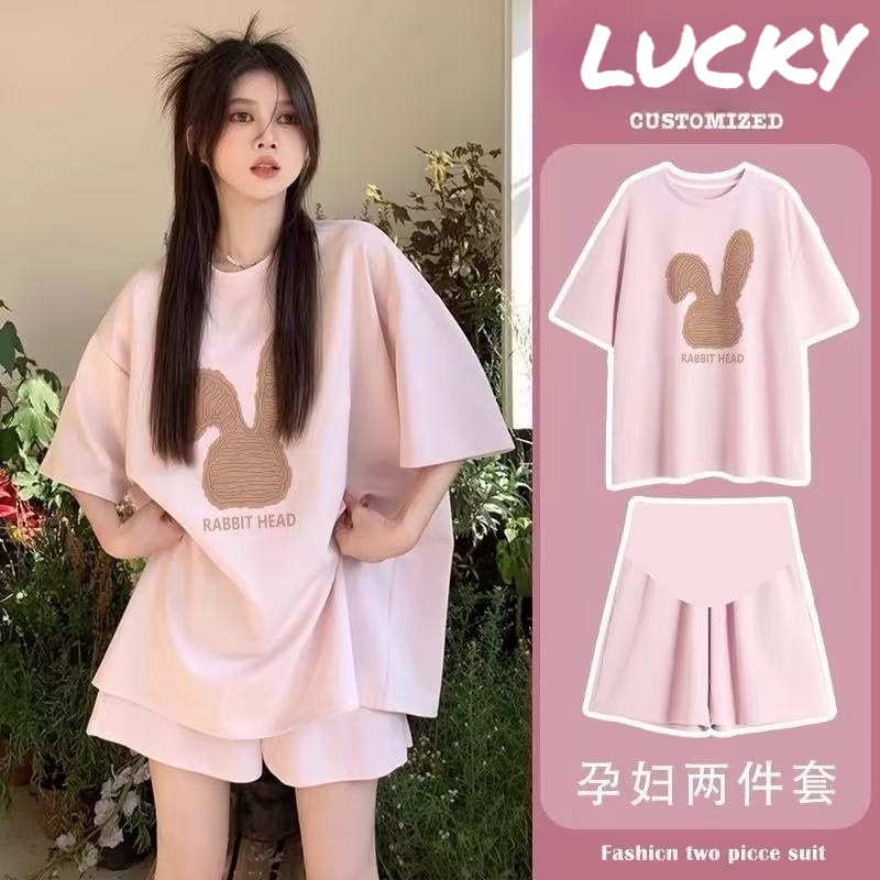 Fashion Pregnant Women's New Casual Sports suit Women's Summer Thin Loose All-match Short-sleeve Shorts Two-piece Fashionable Set