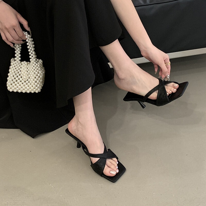 A613-9 High-Heeled Sandals for Women 2025 New Style 6cm Summer Versatile Square Toe Non-Tiring Feet Korean Style Suede Simple Stiletto Heel