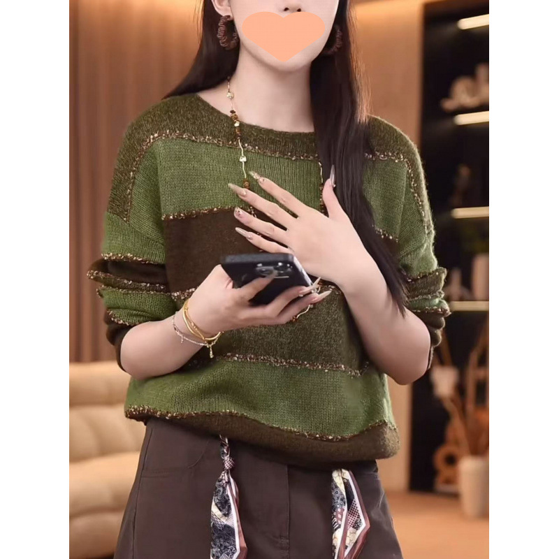 复古时尚圆领绿色条纹毛衣女2025年秋季高级感宽松显瘦针织衫上衣|undefined