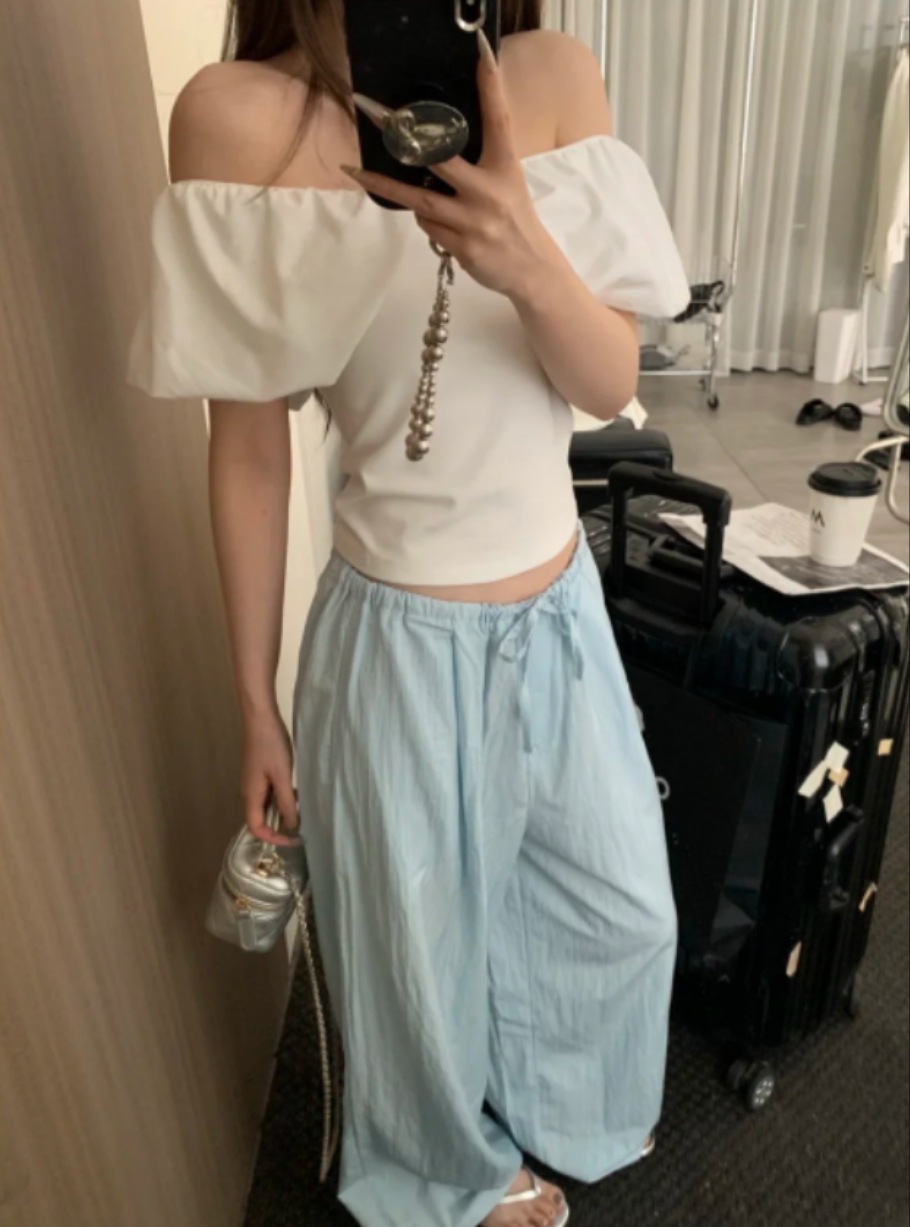 Chao recomienda ~ textura simple pantalones casuales de correa azul temperamento delgado suelto pantalones de piernas largas de primavera