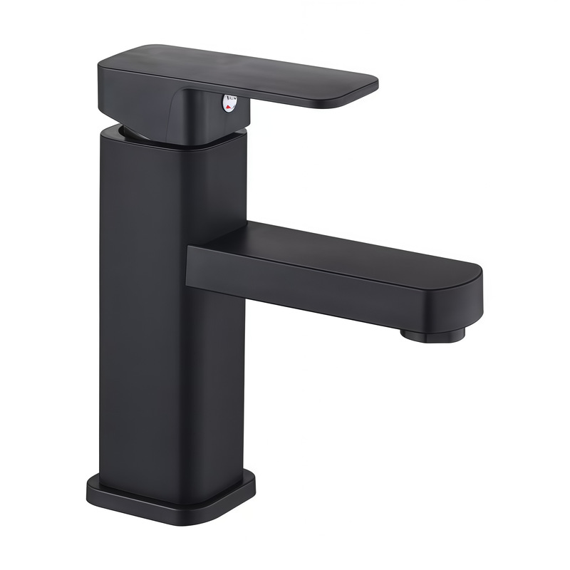 Stainless Steel Square Single-Hole Basin Faucet, Matte Black Hot and Cold Bathroom Sink Faucet, Anti-Splash and Aerated