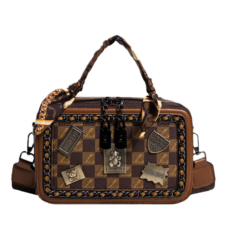 Women Bag Women's 2023 New Fashion Printed Handheld Small Square Bag, Bear Badge Box Bag, Versatile Straddle Shoulder Bag Scarf Color Random_voghion.com