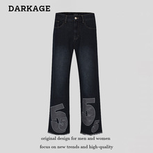 美式复古水洗做旧铁皮刺绣毛边微喇叭男女阔腿牛仔裤情侣拖地长裤