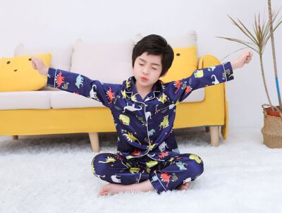 新款长袖男女童冰丝儿童睡衣套装中大童家居服童装薄款开衫仿真丝