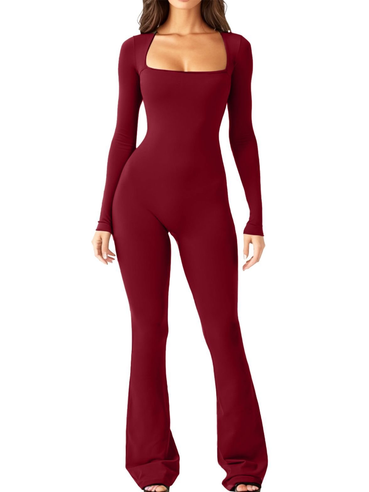 Macacão feminino de manga comprida com controle de barriga, levantamento de cintura, quadril, gola quadrada, pernas largas e alto elástico_voghion.com