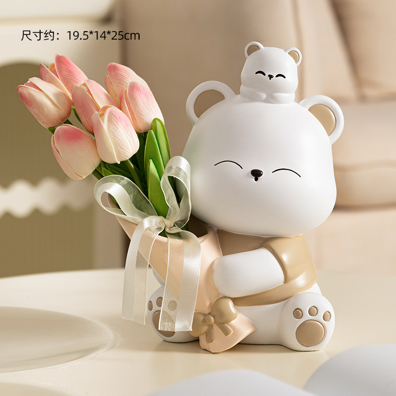 포옹 곰 라이트 브라운 큰 + 핑크 흰색 튤립 7 (무료 리본)