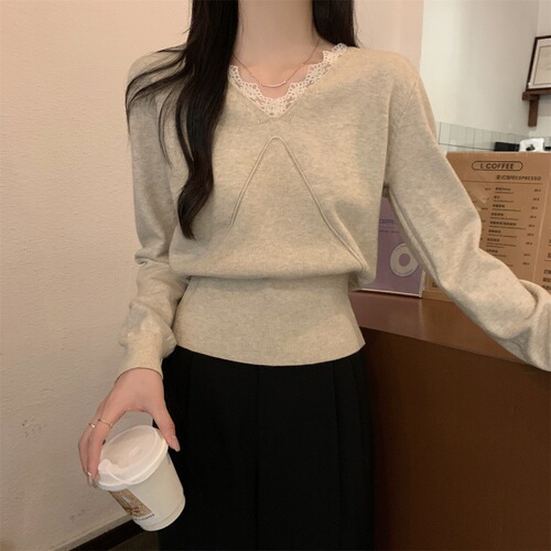 Gentle Breeze V-Neck Lace Knit Sweater for Women - Spring and Autumn Season Stylish Innerwear and Base Layer Top - Long Sleeve Woolen Sweater for Petite Women