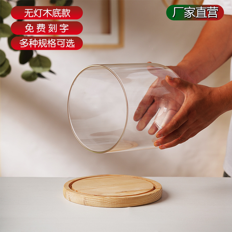 Cubierta cilíndrica de vidrio transparente sin lámpara de madera de estilo inmortal cubierta de polvo de flores hecha a mano decoración creativa de escritorio de bloques