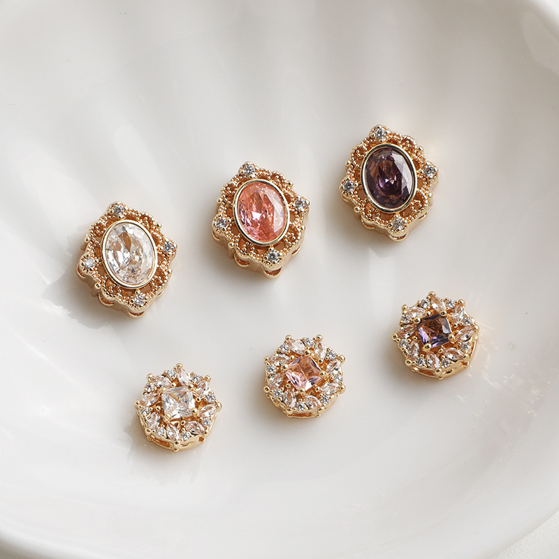 14K Gold-Filled Color-Preserving Zircon Lace Rhombus Porous Spacer Beads Round Pearl Necklace Beads DIY Jewelry Accessories