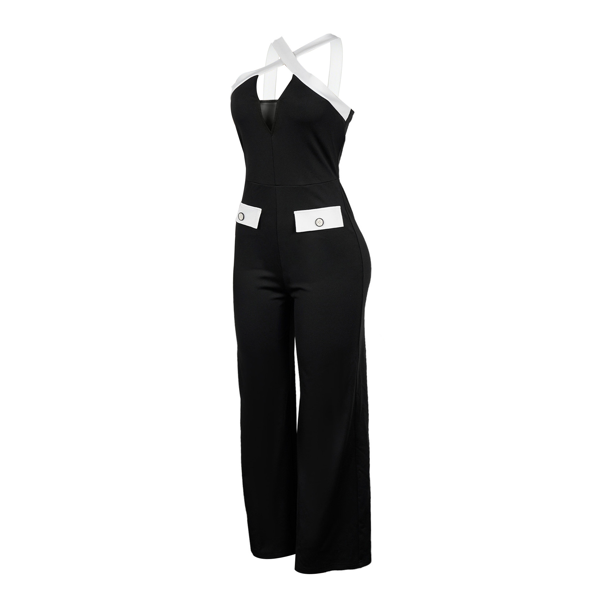 Elegant Women's Colour Block Jumpsuit Slim Fit Wide Leg Strappy_voghion.com