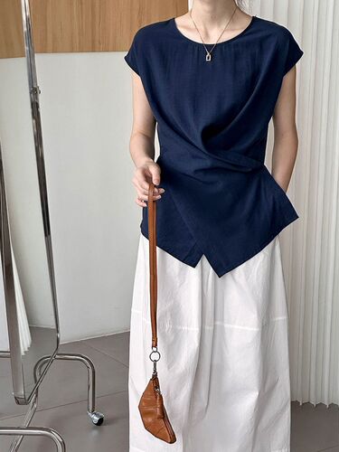 Women's Unlined Linen-Cotton Blouse with Dark Blue Color, Small Sleeveless Fly Collar, Asymmetrical Cross-Button Backless Top, Vintage Money-Clip Style