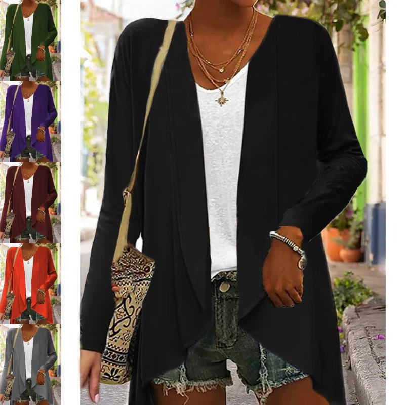 Amazon 2023 Европа и США трансграничная Внешняя торговля осень и зима Новый однотонный Свободный кардиган с длинными рукавами Топ женское вязаное пальто