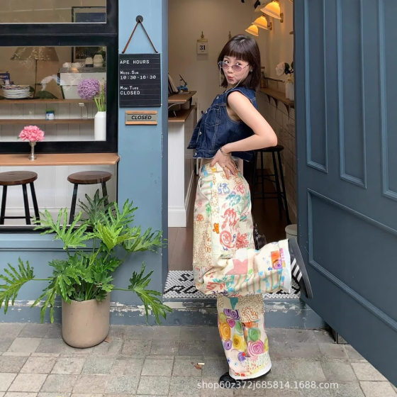 2025 Spring and Summer New Color Graffiti Printed Overalls Women's American Wide Leg Pants Hot Girls Loose White Jeans