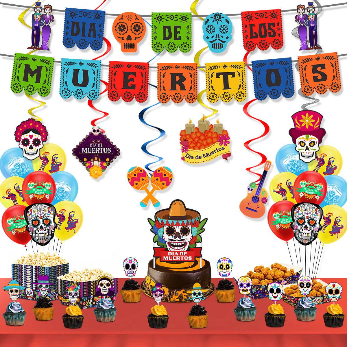 Cross-Border Mexican Day of the Dead Themed Holiday Decoration Supplies Ghost Festival Skull Flag Swirl Balloon Set Wholesale