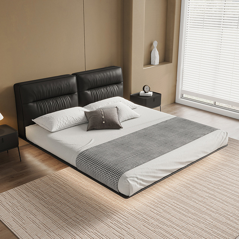 Italiano minimalista cama de cuero genuino moderno minimalista dormitorio principal negro borde de la cama de suspensión suave bolsa de boda cama doble cama 1,8 M