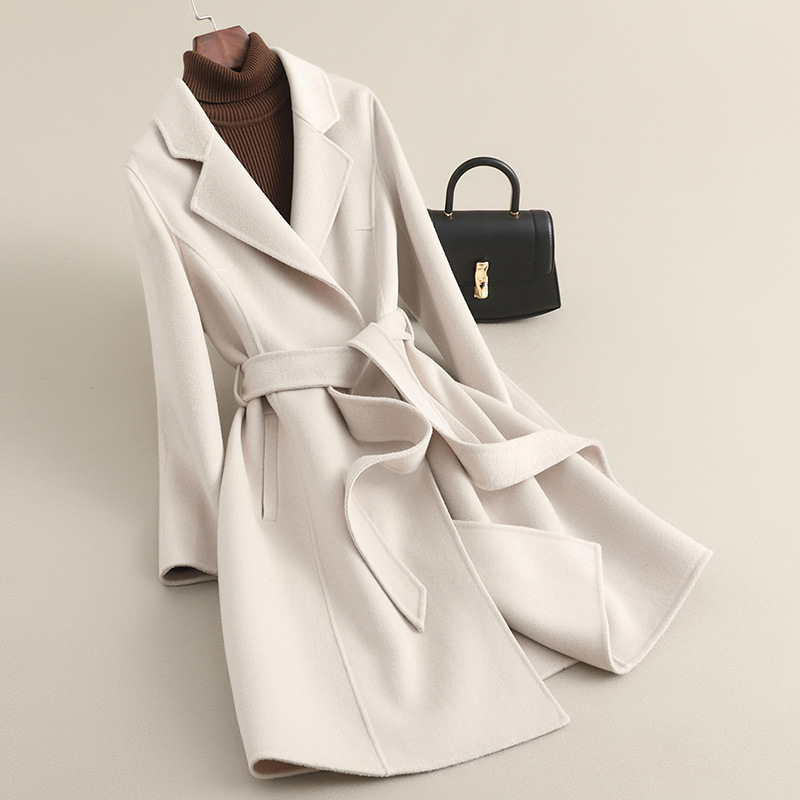 春の新作ハイエンド小柄コート女性用ミドル丈両面ゼロカシミアウエストウールウールコート女性用