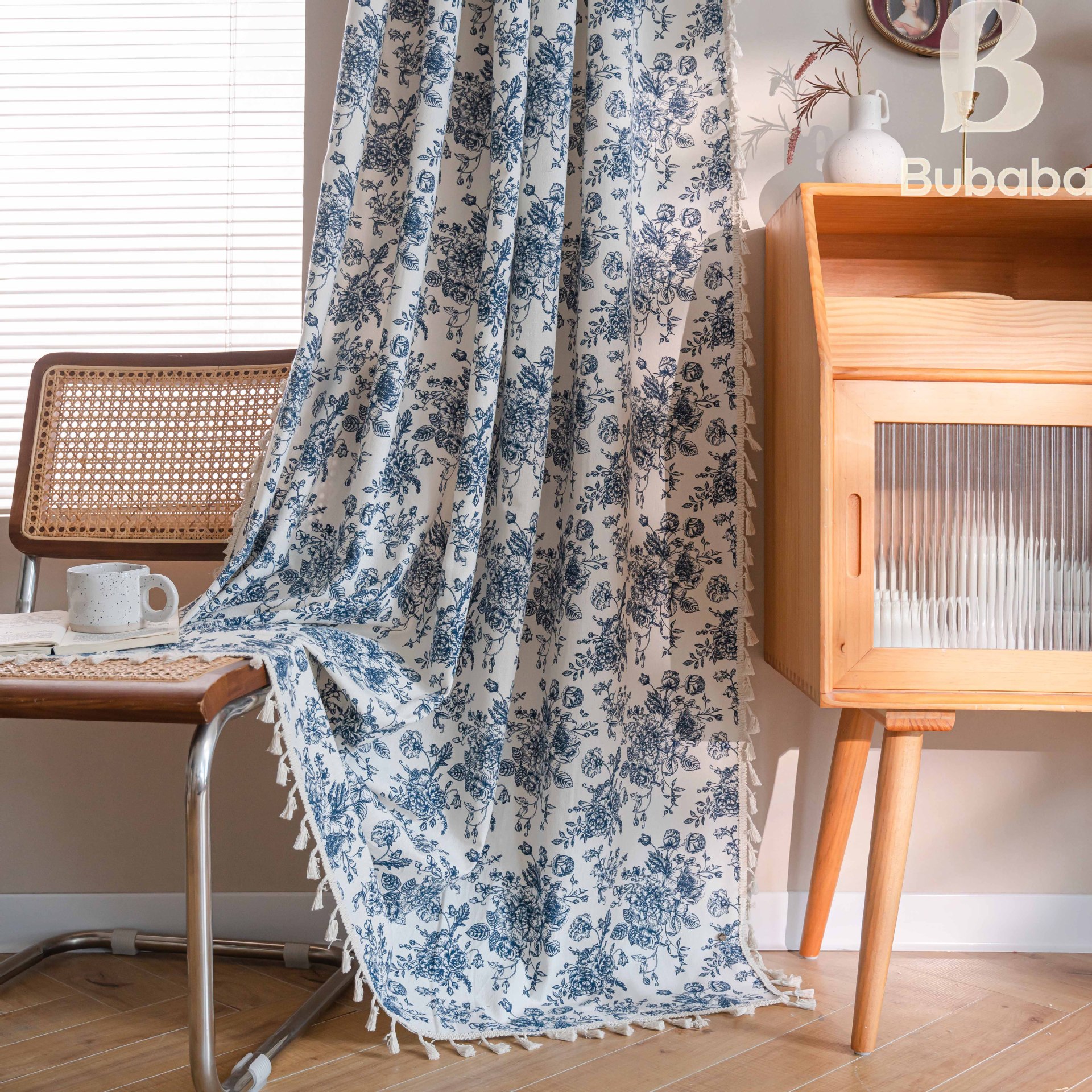 Vintage Blaue Semitransparente Vorhänge Mit Fliegender Katze_voghion.com