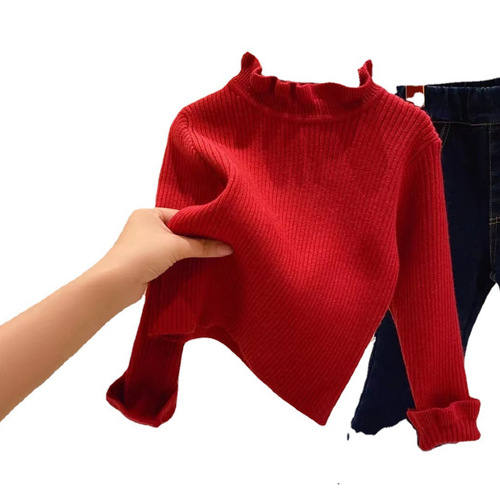 Spring, autumn and winter new girls' sweaters, stylish turtleneck solid color bottoming shirts, small and medium-sized children's fungus edge collar sweaters wholesale
