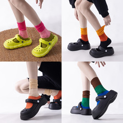 Cable-knit patchwork holey frayed socks for men and women, new mid-ankle socks with color-blocking and frayed design, 100% cotton