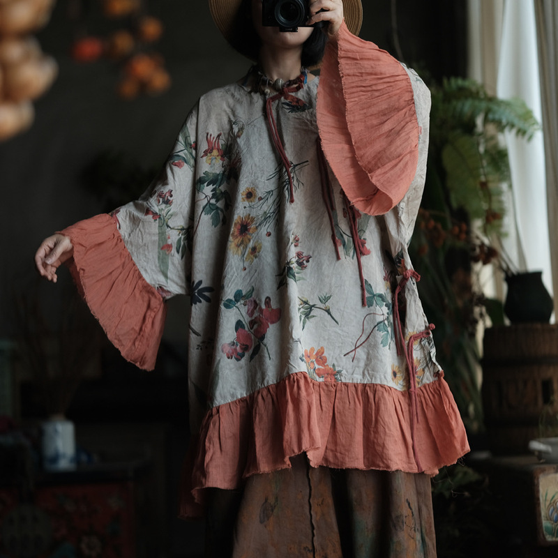 Little Mud Girl Original Design Retro Art Print Loose Large Ruffle Sleeve Outerwear 2364 Nanqiao