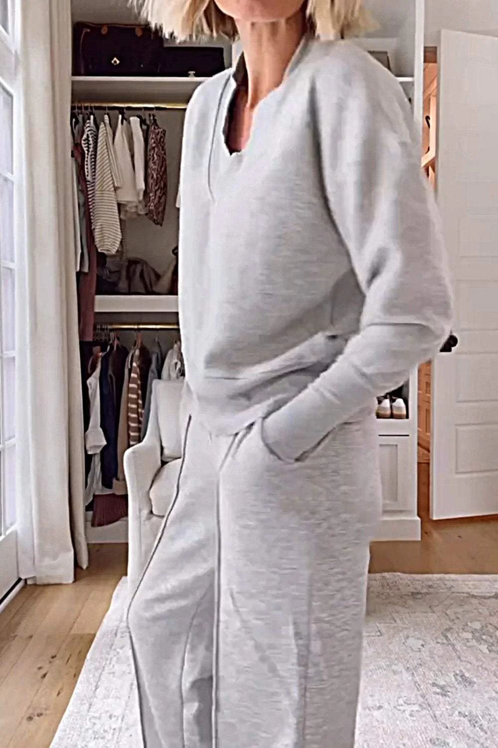 Ensemble deux pièces uni pour femme, manches longues, décontracté, confortable, idéal pour l'intérieur, style automne-hiver, style européen et américain._voghion.com