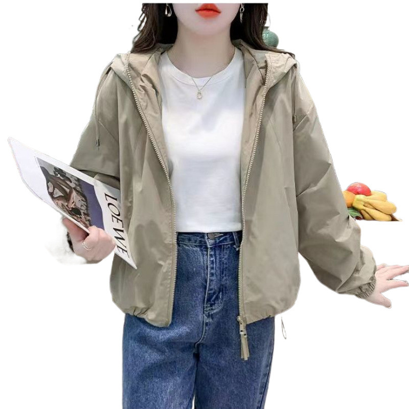 純色の短いタイプの帽子付きの突撃服のコートの女性の春秋の新型のシンプルなファッションのゆったりしたカジュアルジャケットの上着のファッション|undefined
