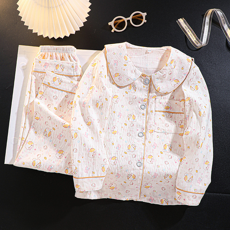 New Kidsren's Pajamas Spring and Autum Long-Sleeved Cloud Cotton Doll Collar Cardigan Girls Sweet Cartoon Home Clothes Set