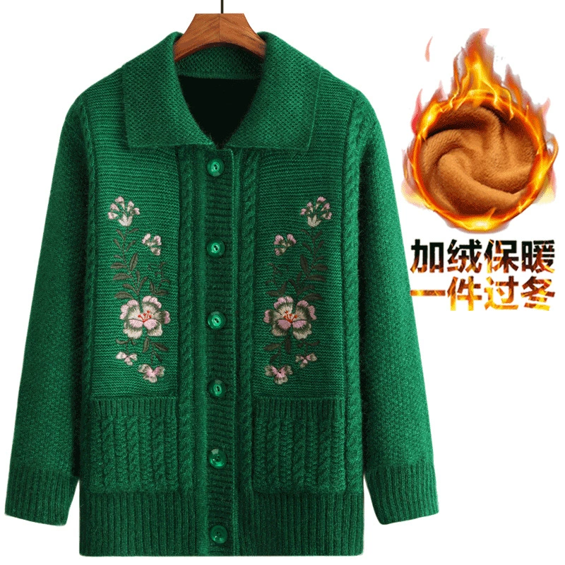 Свитер для среднего и пожилого возраста Осенне-Зимний вязаный кардиган с вышивкой Топ с длинными рукавами Утепленная теплая куртка на флисовой подкладке Большой Размер