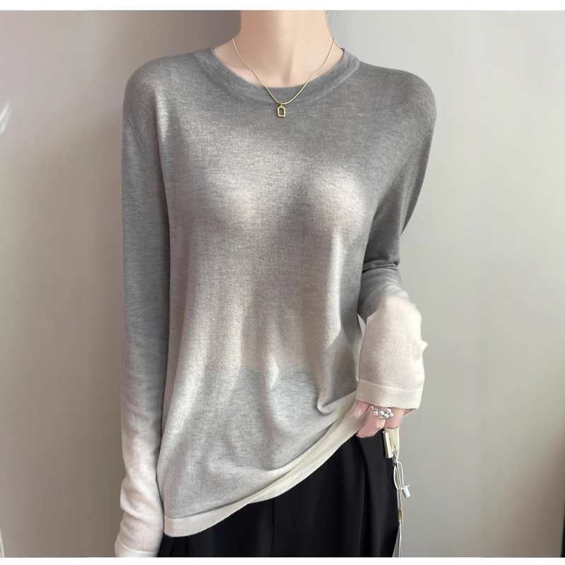 Spring and Autumn New Fine Wool Round Neck Gradient Knit Sweater for Women, Age-Reducing Fashionable Pullover, Trendy Versatile Sweater Spring and Autumn New Fine Wool Round Neck Gradient Knit Sweater for Women, Age-Reducing Fashionable Pullover, Trendy Versatile Sweater