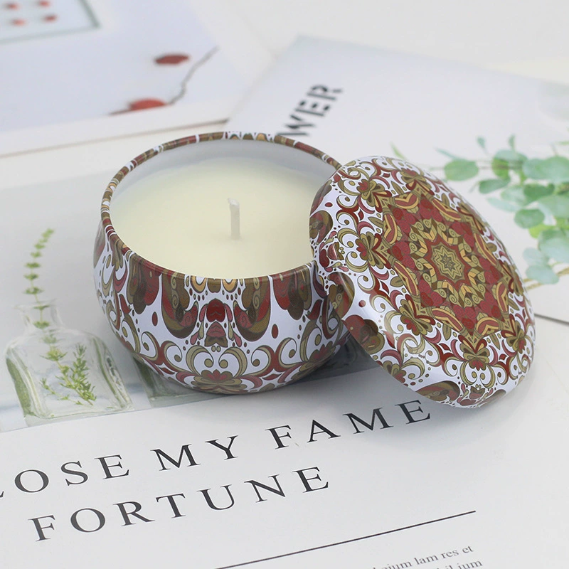 Aromatherapy soy wax tin candle, plant‑based, 55 g wax, 12–14 h burn, decorative tin