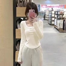 春夏U领正肩德绒t恤女短款上衣女甜辣内搭保暖修身显瘦长袖打底衫