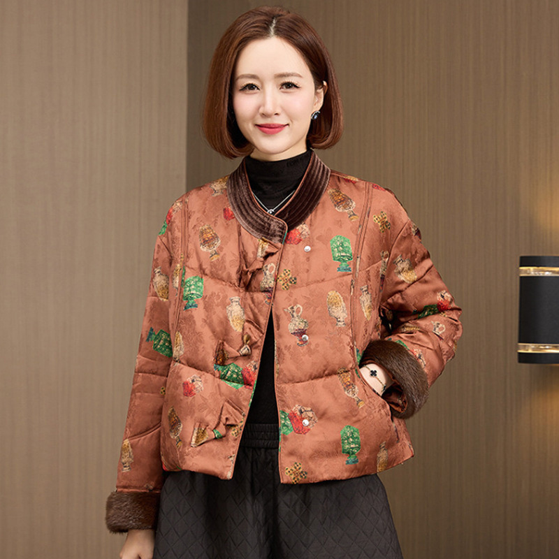 Stand Collar Printed Loose Mink Fur Small Size Xiangyun Silk down Jacket Retro Beautiful New Chinese Style Goose down Coat