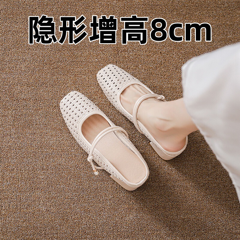 女性用中空つま先ハーフスリッパ 2025 新しい夏の小さな人内側高さの厚いハイヒールメリージェーンシューズサンダル|undefined