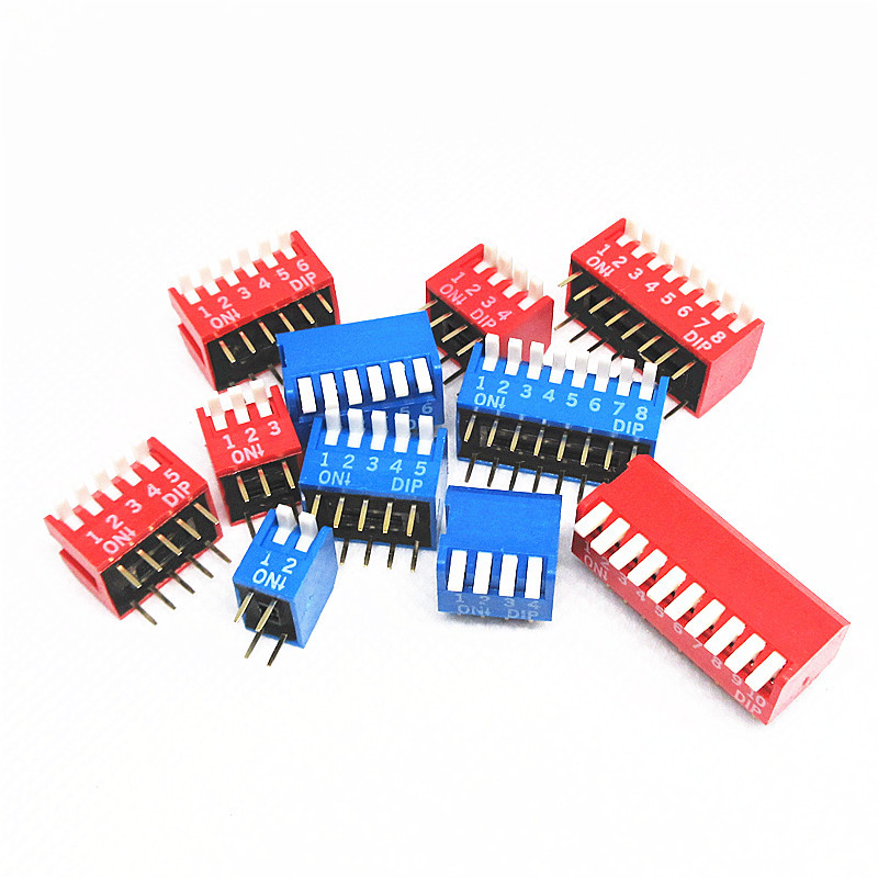 琴键式 2.54mm脚距侧拨拨码开关2P 1/2/3/4/5/6/8位直插红色/蓝色