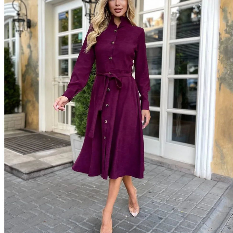 欧美跨境现货2024秋冬新款时尚气质女装纯色系带纽扣衬衫连衣裙