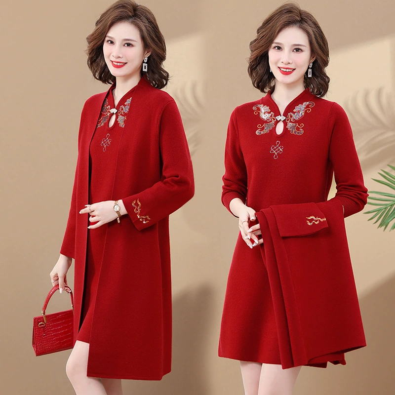 Свадебное платье для тещи, благородная женская одежда среднего и пожилого возраста, осеннее вязаное платье-Чонсам для мамы из двух частей