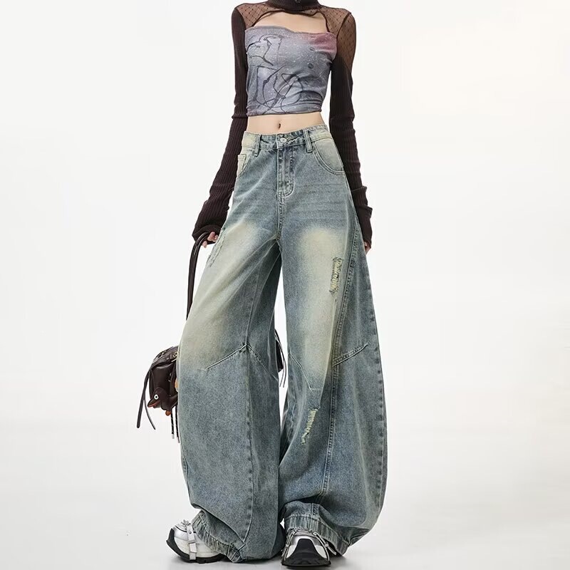 Banana-Shaped Ripped Jeans for Women, American Style, Plus Size, Vintage, Loose Fit, Slimming, Wide-Leg, High-Waisted Pants