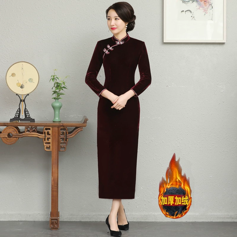 Плюшевая толстая длинная бархатная чонсам с девятью рукавами ретро-тост одежда осенняя и зимняя мама одеваются свекровь юбка оптом