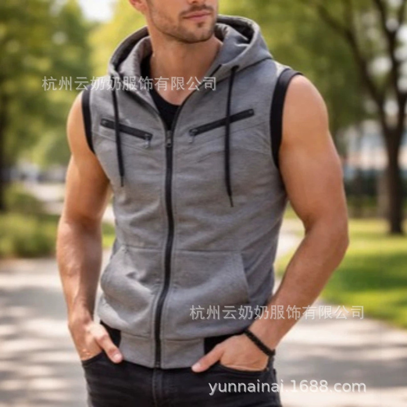 Hot-Selling Products for Amazon Foreign Trade Cross-Border Men's Fashion Sleeveless Hooded Sweatshirt Men's Vest