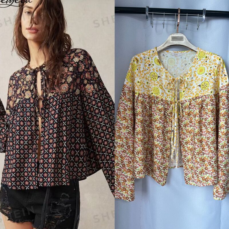 26 Cross-Border Women's Clothing Spring and Summer New Products Pastoral Style Retro Flared Long-Sleeved Lace-Up Shirt French Floral Women's Top