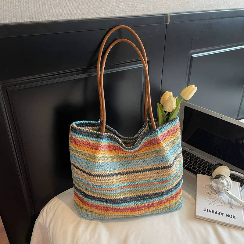 Summer straw handheld beach capacious woven shopping bag