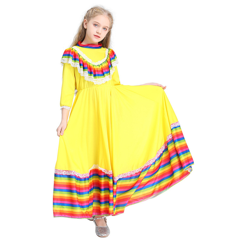Traditional Mexican Girl Long Dress Ethnic Dance Costume Children Ethnic Style Party Performance Game Costume